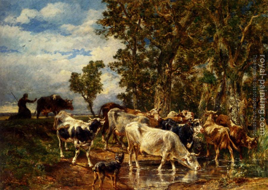 Charles Emile Jacque : Troupeau De Vaches A L Abreuvoir
